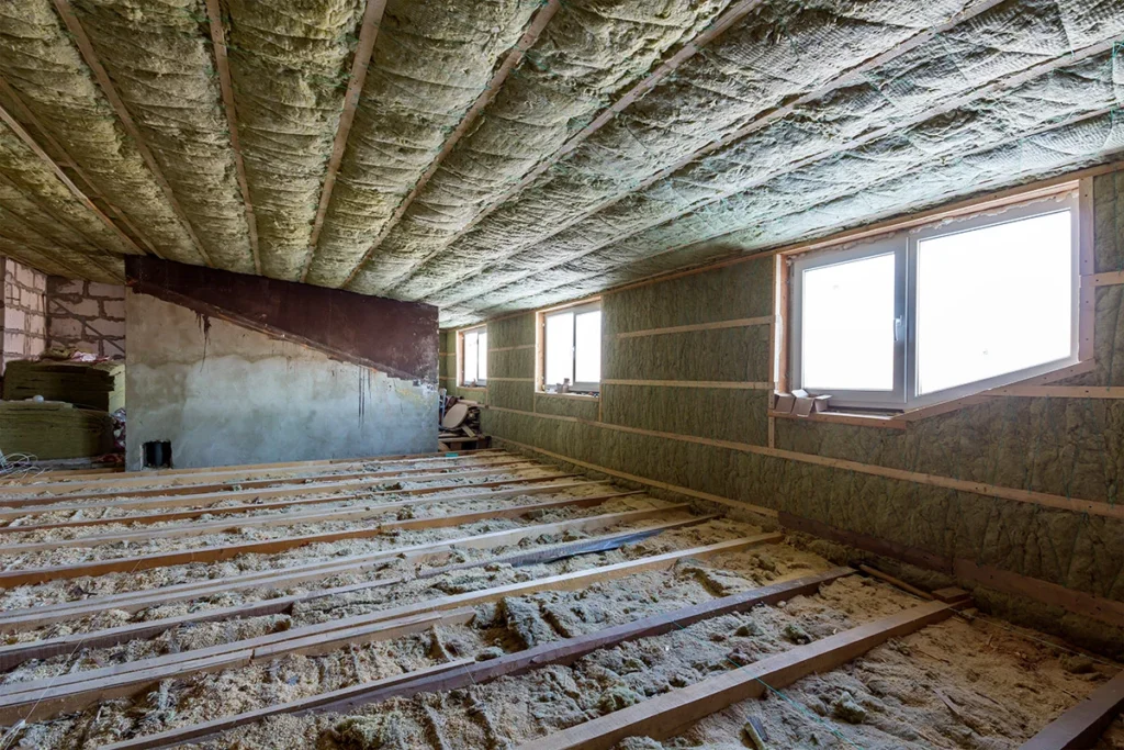 House attic under construction. Mansard walls and ceiling insulation with rock wool. Fiberglass
