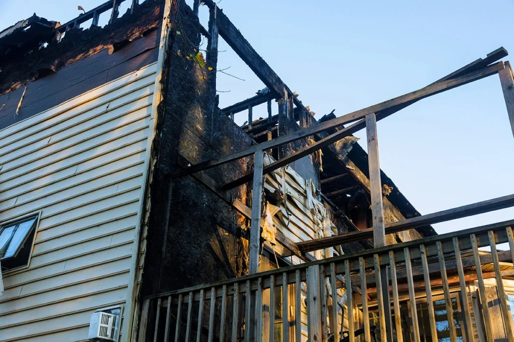A house that has been badly damaged by fire, its face is charred black.