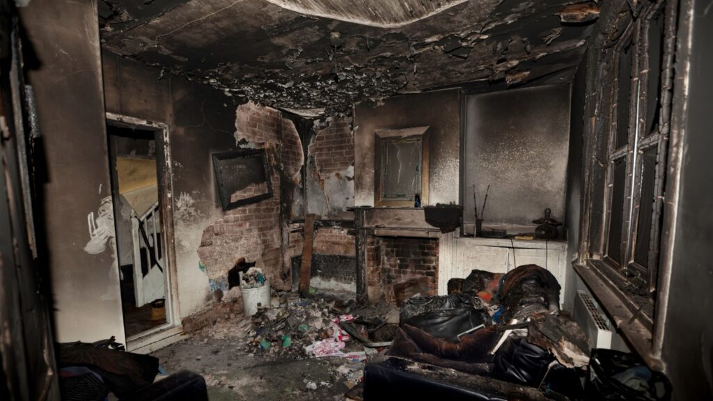 A living room that has been heavily damaged by fire, soot covers every surface.