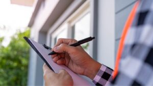 A person in a high-visibility vest holds a pen and writes on a clipboard.