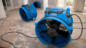 Three large blue industrial grade fans sit on a water damaged floor.