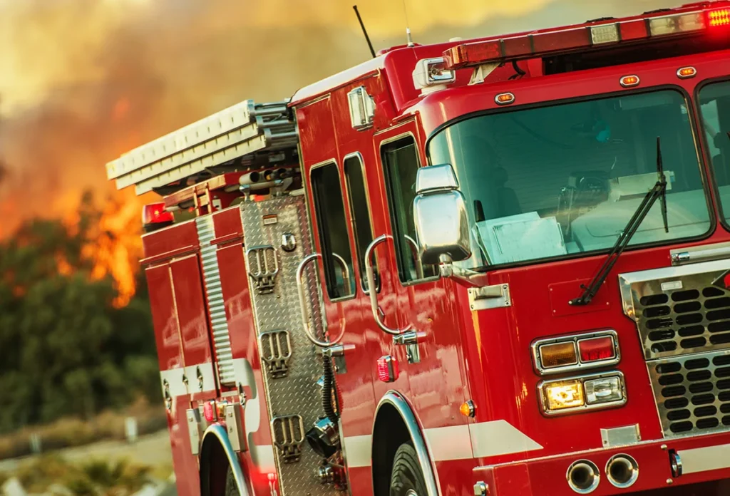A firetruck with a fire in the back ground burning bright orange.