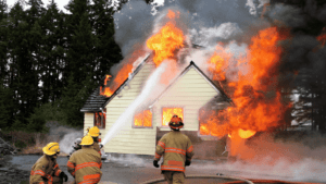 Four firefighters attempt to put out a raging house fire with a fire hose.