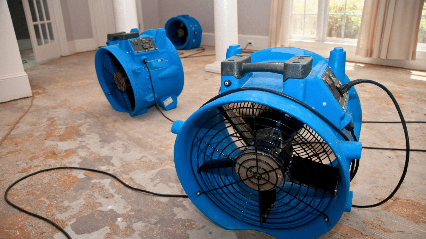 Three large blue industrial grade fans sit on a water damaged floor.