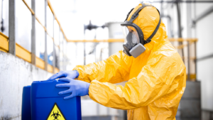 A biohazard specialist dressed in personal protective equipment.