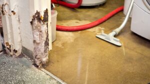 A floor covered in water with a wall rotting on the left side.