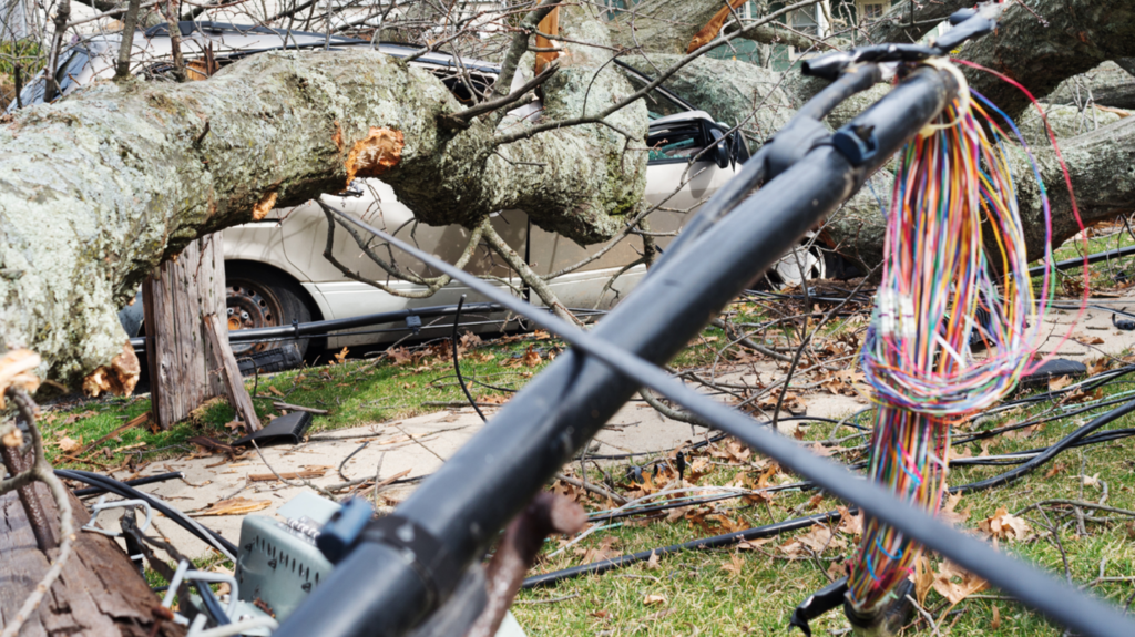 A street destroyed after a storm with major destruction from a downed tree.