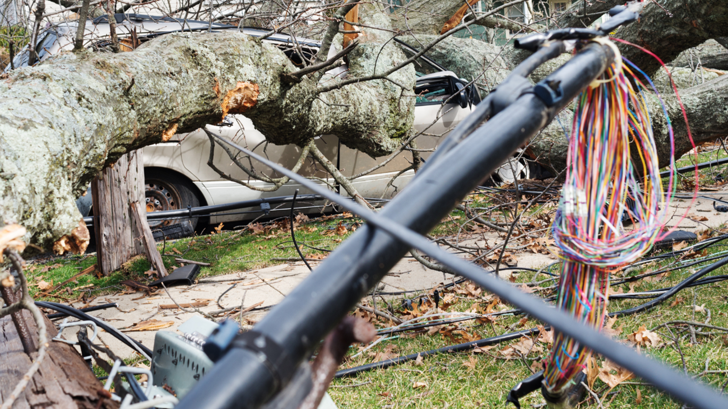 A street destroyed after a storm with major destruction from a downed tree.
