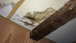 A discolored splotch on the ceiling, indicating water damgage.