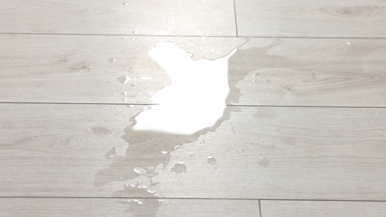 A white-wood floor with a small puddle of water spilled across it.