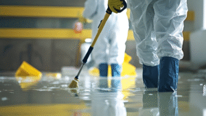 Two restoration pros in full-gear, wade through a flooded building.
