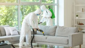 Two restoration specialists in PPE clean the site of a biohazard emergency.